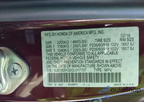 2016 Acura Rdx Acurawatch Plus Pkg from USA, damaged, VIN 5J8TB3H32GL017707